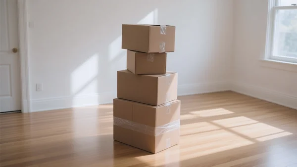 Une pile de cartons en carton brun fermés avec du ruban adhésif, posés dans un salon vide et lumineux avec un parquet clair