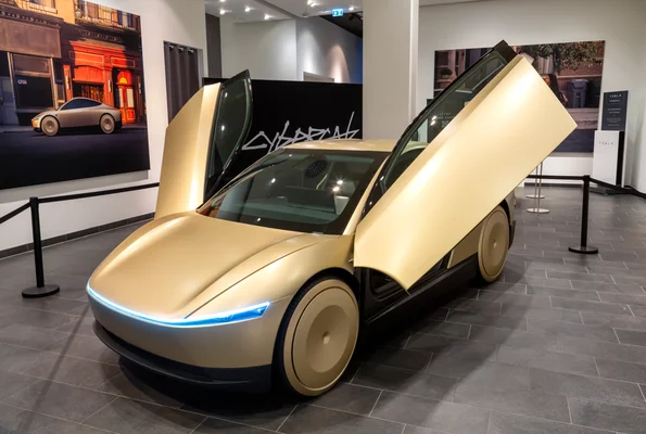 Le concept car Tesla Cybercab présenté dans un showroom.