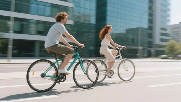 Vue en perspective d'une piste cyclable urbaine bondée avec plusieurs cyclistes de profil circulant côte à côte, arrière-plan urbain flou avec des immeubles modernes, lumière du jour naturelle