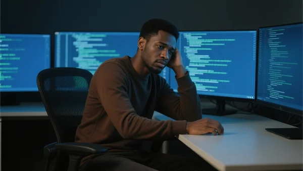 Un développeur de jeux vidéo épuisé, assis devant trois écrans affichant des lignes de code complexes dans un bureau sombre, la tête appuyée dans sa main, éclairé seulement par la lumière bleue des moniteurs