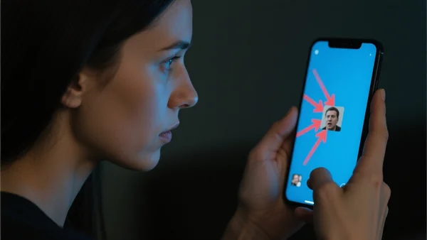 Vue rapprochée d'un smartphone tenu en main, affichant une vidéo verticale avec un montage nerveux, des flèches rouges pointant vers des détails flous et un visage expressif en miniature, lumière bleue du téléphone éclairant le visage de l'utilisateur dans l'obscurité