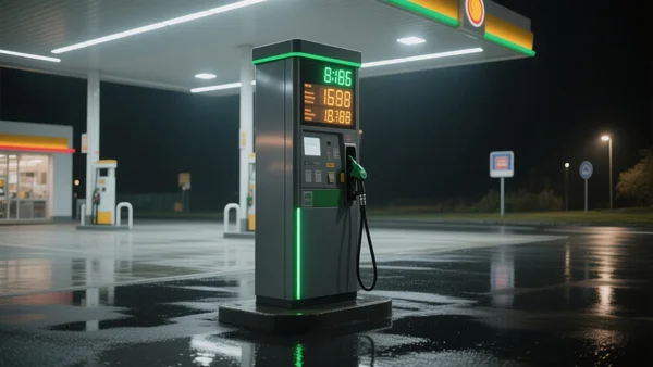 Pompe à essence affichant un prix élevé sur un panneau lumineux, station-service française de nuit, reflets de néon sur l'asphalte mouillé