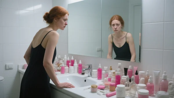 Femme devant un miroir de salle de bain, entourée de trop nombreux pots et flacons de cosmétiques, l'air fatiguée et dubitative