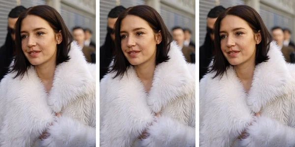 Adèle Exarchopoulos en fourrure blanche au défilé Courrèges.