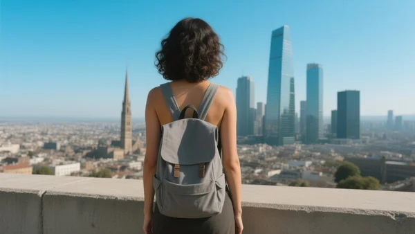 Une femme seule de dos, avec un sac à dos, regardant l'horizon d'une ville étrangère depuis un point de vue surélevé, lumière douce du matin
