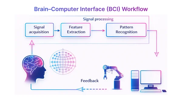 Schéma du fonctionnement d'une interface cerveau-ordinateur.
