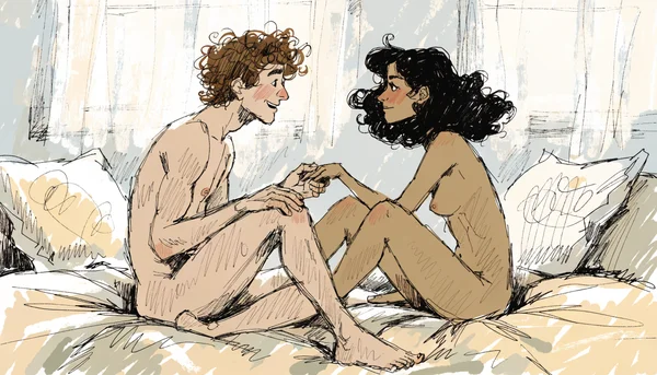 Homme nu et femme nue assis face à face sur un lit, se tenant par la main, dans une attitude de discussion et de complicité