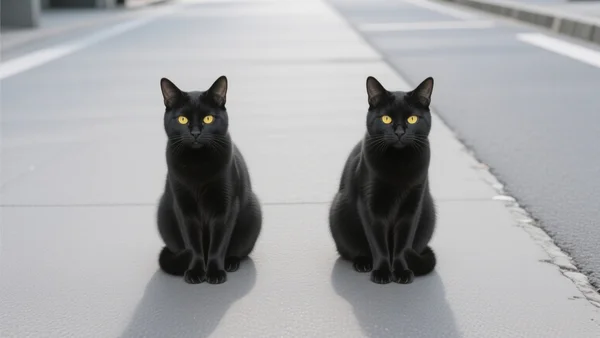 Deux chats noirs identiques, assis côte à côte dans une rue urbaine grise, créant un effet de miroir parfait et troublant
