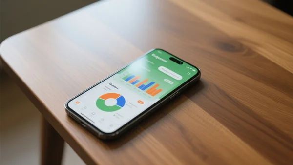 Gros plan sur un smartphone posé sur une table en bois, affichant une application de gestion de budget avec des graphiques colorés, lumière naturelle du jour