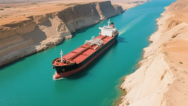 Vue en plongée d'un immense pétrolier naviguant dans un canal maritime étroit, entouré d'eaux turquoise et de côtes arides et rocheuses sous un soleil éclatant