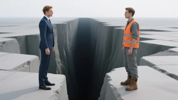 Un homme d'affaires en costume moderne et un ouvrier en tenue de travail se faisant face, séparés par un immense fossé béant et sombre dans un paysage urbain abstrait, vue de profil