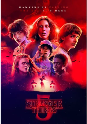 Affiche de la saison 4 avec six personnages et le texte 'STRANGER THINGS'.