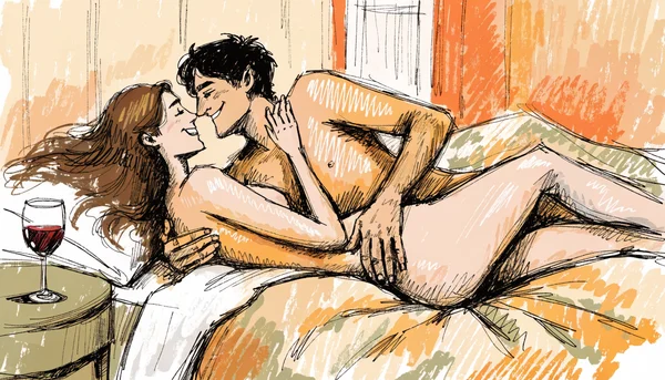 Couple nu enlacé sur un lit, un verre de vin posé sur la table de chevet à côté d'eux, ambiance intime et tamisée