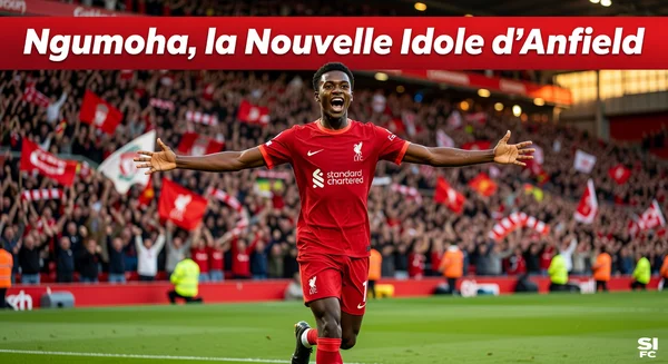 Rio Ngumoha célébrant avec les supporters d'Anfield.