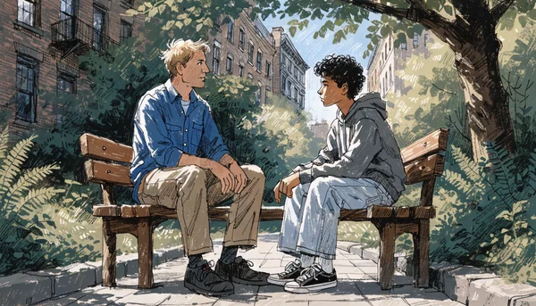 Un éducateur spécialisé assis à côté d'un adolescent sur un banc de parc, en pleine discussion bienveillante, environnement urbain verdoyant, lumière naturelle de l'après-midi