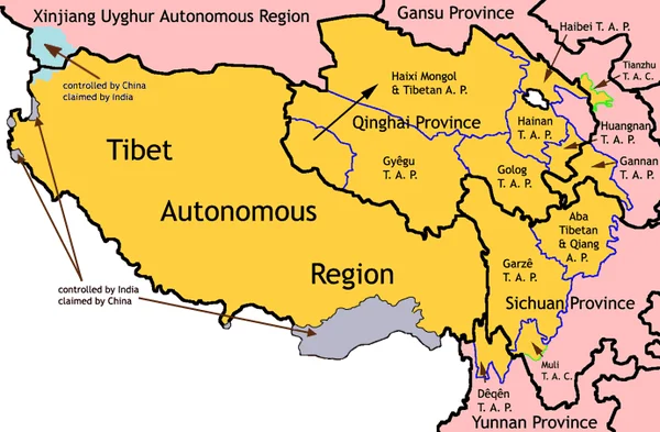 Carte géographique de la région du Tibet et des provinces limitrophes en Chine.