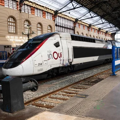 Le TGV InOui numéro 258 à l'arrêt sur un quai couvert à architecture voûtée.