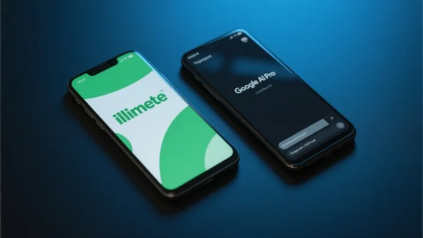 Deux smartphones posés côte à côte sur une surface sombre, l'un affichant une interface Free avec le mot illimité en gros, l'autre affichant Google AI Pro avec un compteur de requêtes qui se vide progressivement, éclairage bleuté