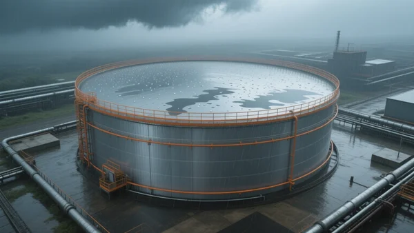 Vue en plongée d'un immense réservoir de stockage de gaz industriel sous la pluie, ciel gris menaçant, lumière froide