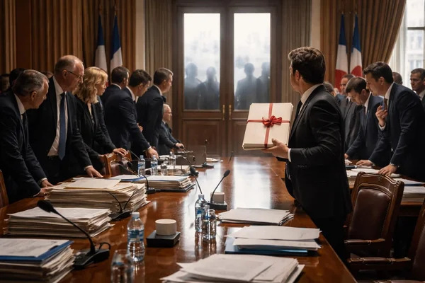 Scène de réunion officielle illustrant le contexte institutionnel de la Ve République.