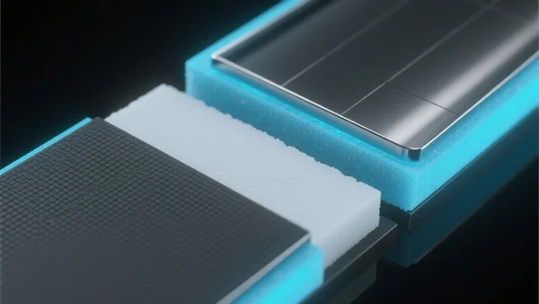 Vue en coupe schématique d'une batterie solide montrant l'anode, la cathode et l'électrolyte céramique compact entre les deux, éclairage bleu futuriste