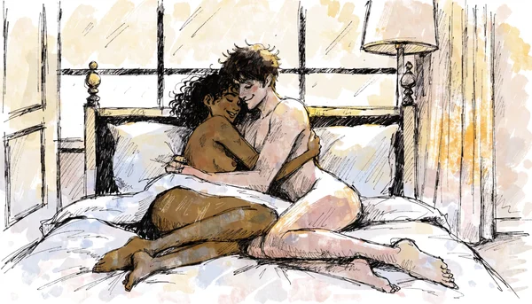 Couple nu blotti l'un contre l'autre sous des draps blancs, bras enlacés, têtes reposant l'une sur l'autre dans un moment de tendresse calme