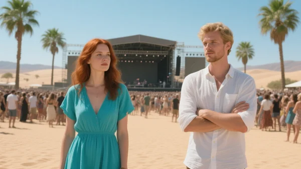 Vue d'ensemble d'une foule festive dans un désert ensoleillé avec des palmiers et une scène de concert monumentale en arrière-plan, lumière dorée de fin d'après-midi