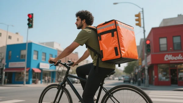 Un livreur à vélo avec un sac thermique rectangulaire coloré sur le dos, arrêté à un feu rouge dans une rue urbaine animée, vue de profil