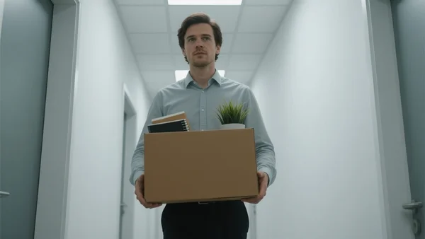 Vue en contre-plongée d'un employé de bureau solitaire, de dos, marchant dans un couloir moderne et minimaliste avec des murs blancs et un éclairage froid, tenant un carton de déménagement contenant quelques objets personnels