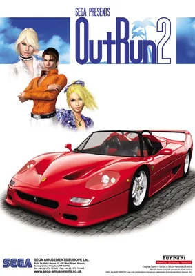 Affiche promotionnelle officielle du jeu d'arcade OutRun 2 avec une Ferrari rouge et les personnages du jeu.