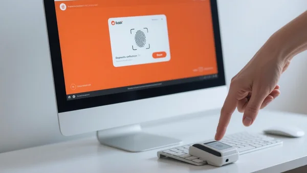 Gros plan sur un écran d'ordinateur affichant l'interface utilisateur de Reddit avec une boîte de dialogue de vérification biométrique superposée, main de l'utilisateur prête à scanner