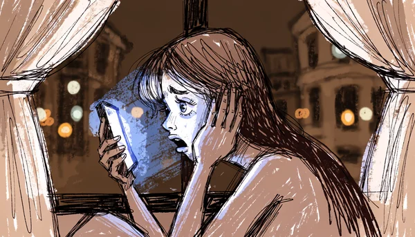 Gros plan sur un visage exprimant l'anxiété et la confusion, éclairé par la lumière bleue d'un écran de téléphone dans l'obscurité