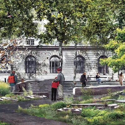 Le jardin du 13-Novembre fréquenté par des promeneurs à l'ombre des arbres et bâtiments anciens.