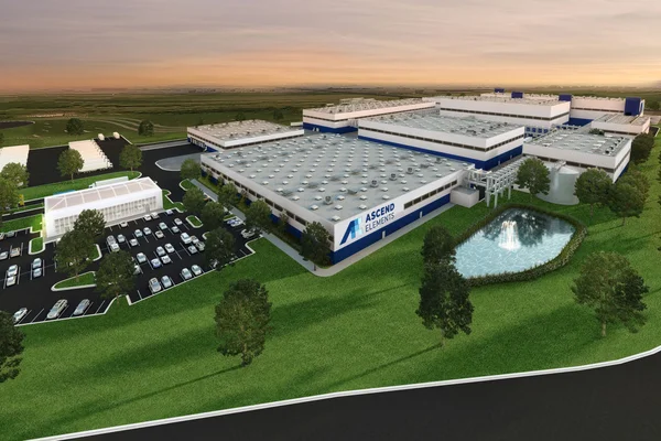 Vue aérienne illustrée du complexe industriel Ascend Elements.