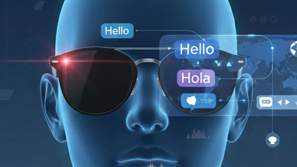 Illustration numérique représentant un visage portant des lunettes connectées avec une interface de traduction.