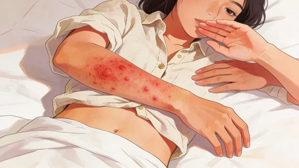 Gros plan sur la peau de l'avant-bras montrant une rougeur et une éruption cutanée allergique après contact