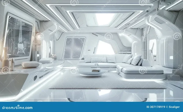 Concept de salon futuriste et lumineux pour navire spatial touristique.