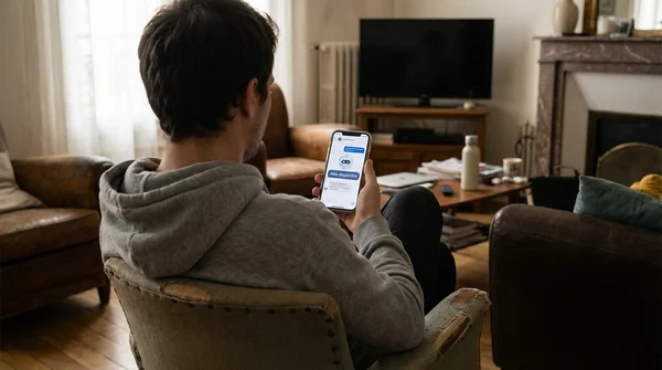 Un groupe de personnes discute dans un salon, l'une d'elles présentant un smartphone.