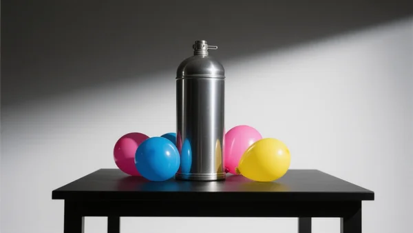 Une bonbonne métallique de protoxyde d'azote posée sur une table sombre, entourée de ballons de baudruche colorés, éclairage contrasté et dramatique