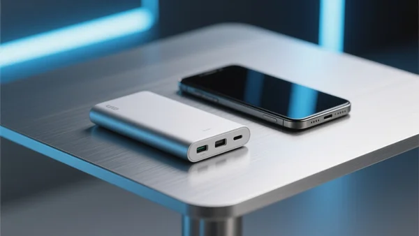 Gros plan sur une batterie moderne et mince posée à côté d'un smartphone sur une table en métal brossé, éclairage technologique bleu et blanc