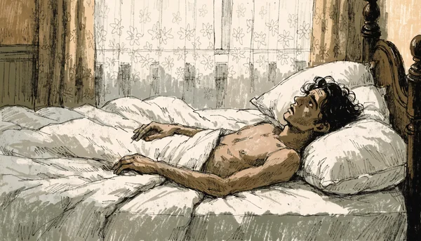 Jeune homme allongé sur le dos dans un lit, torse nu, regardant le plafond avec une expression inquiète