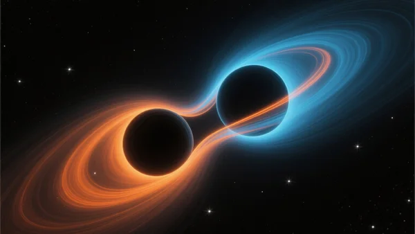 Deux trous noirs en cours de fusion dans l'espace profond, entourés d'un anneau de gaz lumineux orange et bleu déformé par la gravité, fond noir étoilé en arrière-plan