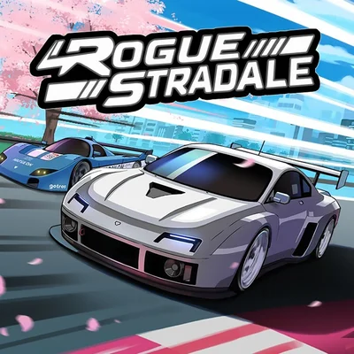 Deux voitures de course stylisées sur une piste urbaine avec cerisiers en fleurs, illustrant le jeu Rogue Stradale.