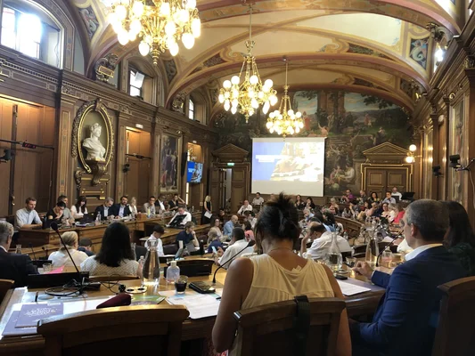 Séance du conseil municipal de Lyon dans une salle aux boiseries et plafonds voûtés.