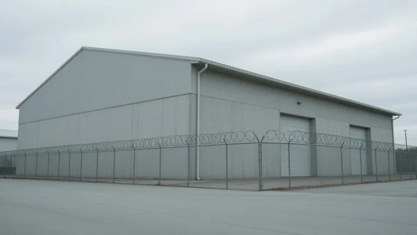 Vue extérieure d'un immense entrepôt industriel en béton gris et terne, entouré d'un grillage avec des fils barbelés, sous un ciel nuageux et froid