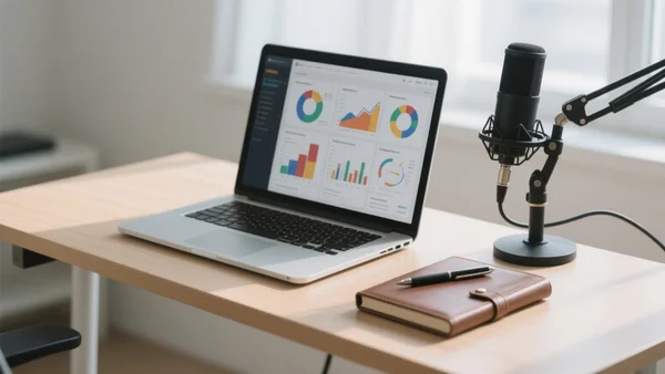 Vue rapprochée d'un espace de travail moderne avec un ordinateur portable affichant un tableau de bord de newsletter, un micro de podcast professionnel et un carnet de notes sur un bureau en bois clair, lumière naturelle du matin
