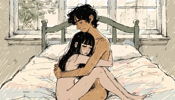 Couple nu dans une chambre à coucher, l'homme prend la femme dans ses bras, elle a le visage tourné vers lui avec une expression de fatigue et de douleur, lumière douce