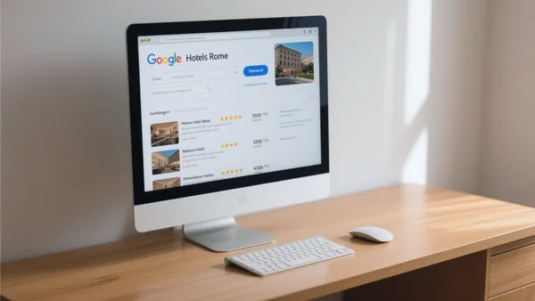 Écran d'ordinateur affichant une page de résultats de recherche Google pour la requête hôtel à Rome, avec un widget de réservation intégré en haut de page, bureau lumineux, angle légèrement de trois quarts