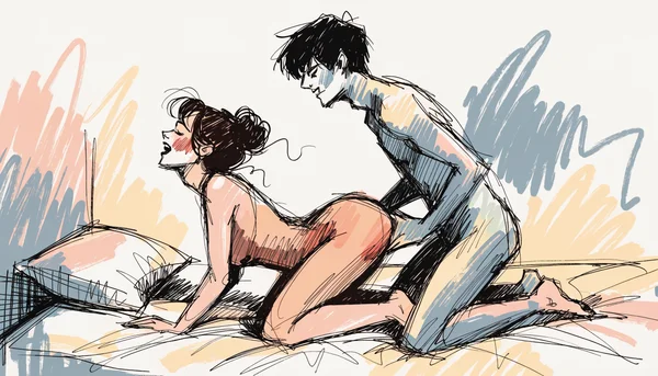 Pénétration vaginale en levrette, homme et femme totalement nus, corps entrelacés