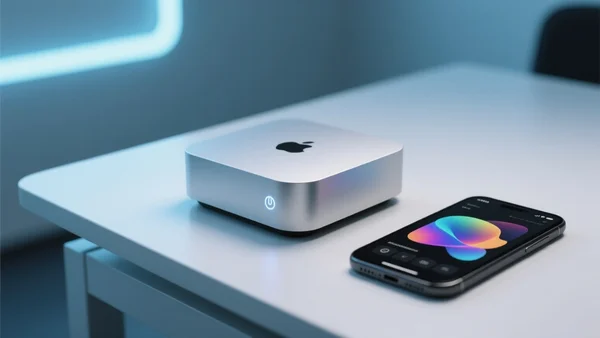 Un Mac Mini M4 posé sur un bureau moderne et épuré, avec un éclairage doux et futuriste mettant en avant son design compact, à côté d'un smartphone affichant une interface d'application d'intelligence artificielle fluide